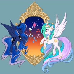 Size: 4096x4050 | Tagged: safe, artist:lumithekirin, princess celestia, princess luna, alicorn, pony, g4, absurd resolution, crown, design, duo, duo female, eyebrows, eyes closed, female, flying, gray background, hoof shoes, implied mane six, jewelry, long tail, mare, peytral, regalia, royal sisters, shirt design, siblings, simple background, sisters, smiling, spread wings, tail, wings