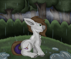 Size: 3212x2657 | Tagged: safe, artist:lil_vampirecj, oc, oc only, oc:cj vampire, earth pony, pony, digital, digital art, forest, forest background, high res, krita, puddle, rain, scene, sitting, solo, tree