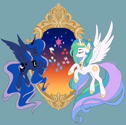 Size: 2048x2025 | Tagged: safe, alternate version, artist:lumithekirin, princess celestia, princess luna, alicorn, pony, g4, design, eyes closed, high res, implied mane six, royal sisters, shirt design, siblings, sisters, spread wings, wings