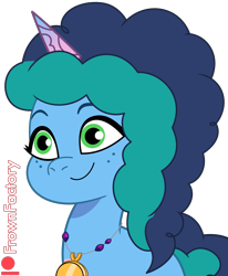 Size: 1651x2000 | Tagged: safe, artist:frownfactory, misty brightdawn, pony, unicorn, g5, my little pony: tell your tale, sunny's smoothie moves, spoiler:g5, spoiler:my little pony: tell your tale, spoiler:tyts01e47, female, freckles, horn, jewelry, mare, necklace, simple background, smiling, solo, transparent background, vector
