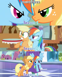 Size: 2458x3072 | Tagged: safe, edit, edited screencap, editor:itsmgh1203, screencap, applejack, rainbow dash, earth pony, pegasus, pony, fall weather friends, g4, season 1, season 2, season 3, the crystal empire, the mysterious mare do well, applejack's hat, cowboy hat, crystal empire, duo, duo female, female, flying, hat, high res, hub logo, logo, mare, open mouth, open smile, shipping fuel, smiling, smirk, spread wings, sugarcube corner, text, the hub, wings
