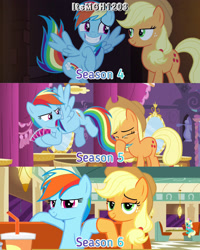 Size: 2458x3072 | Tagged: safe, edit, edited screencap, editor:itsmgh1203, screencap, applejack, honey curls, mare e. lynn, rainbow dash, earth pony, pegasus, pony, castle mane-ia, g4, make new friends but keep discord, season 4, season 5, season 6, the saddle row review, applejack's hat, carousel boutique, cowboy hat, crying, crying on the outside, duo focus, eyes closed, female, flying, grin, hat, high res, hoofbump, mare, open mouth, shipping fuel, sitting, smiling, spread wings, tears of joy, text, trio, trio female, wings