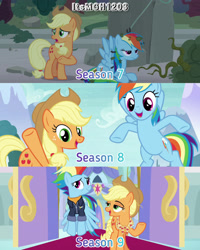 Size: 2458x3072 | Tagged: safe, edit, edited screencap, editor:itsmgh1203, screencap, applejack, rainbow dash, earth pony, pegasus, pony, g4, non-compete clause, season 7, season 8, season 9, shadow play, the last problem, applejack's hat, cowboy hat, duo, duo female, female, flying, hat, high res, mare, older, older applejack, older rainbow dash, open mouth, open smile, shipping fuel, smiling, spread wings, text, wings