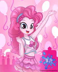 Size: 2015x2490 | Tagged: safe, artist:rjp.rammy, pinkie pie, human, equestria girls, g4, my little pony equestria girls: better together, armpits, bare shoulders, belly button, blushing, breasts, busty pinkie pie, clothes, cute, cutie mark on clothes, diapinkes, female, high res, looking at you, open mouth, open smile, reasonably sized breasts, signature, sleeveless, smiling, smiling at you, solo, tank top