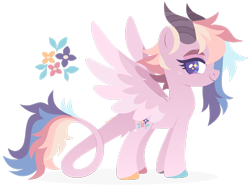 Size: 1920x1482 | Tagged: safe, artist:kabuvee, oc, oc:rainbow bloom, pegasus, pony, female, horns, mare, quadrupedal, simple background, solo, tail wings, transparent background