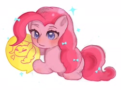 Size: 2048x1518 | Tagged: safe, artist:harucaykk, pinkie pie, earth pony, pony, g4, balloon, blushing, bow, female, hair bow, mare, simple background, solo, white background
