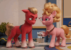 Size: 350x248 | Tagged: safe, edit, edited screencap, screencap, phyllis cloverleaf, sprout cloverleaf, earth pony, pony, g5, my little pony: a new generation, spoiler:my little pony: a new generation, animated, best pony, caption, cute, duo, female, i watch it for the ears, image macro, male, mare, meme, sproutbetes, stallion, text