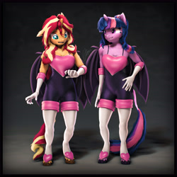 Size: 6400x6400 | Tagged: safe, artist:imafutureguitarhero, sci-twi, sunset shimmer, twilight sparkle, alicorn, bat pony, bat pony alicorn, classical unicorn, unicorn, anthro, unguligrade anthro, g4, 3d, alicornified, arm fluff, arm freckles, bat wings, boob freckles, boots, border, bra, bra strap, breasts, cheek fluff, chest fluff, chest freckles, chromatic aberration, cleavage fluff, clothes, cloven hooves, colored eyebrows, colored eyelashes, cosplay, costume, crossover, cute, dialogue in the description, duo, duo female, ear fluff, ear freckles, fangs, female, film grain, floppy ears, fluffy, fluffy hair, fluffy mane, fluffy tail, freckles, fur, gloves, grin, hand on hip, horn, leonine tail, lesbian, looking at someone, mare, matching outfits, multicolored hair, multicolored mane, multicolored tail, neck fluff, nose wrinkle, one ear down, open mouth, outfit, paintover, peppered bacon, race swap, revamped anthros, revamped ponies, rouge the bat, sci-twilicorn, shadow, shimmerbetes, ship:sci-twishimmer, ship:sunsetsparkle, shipping, shoes, shoulder fluff, shoulder freckles, signature, smiling, sonic the hedgehog (series), source filmmaker, square, stockings, tail, tail fluff, thigh highs, twiabetes, twilight sparkle (alicorn), underwear, unshorn fetlocks, varying degrees of amusement, wall of tags, wings