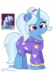 Size: 1673x2143 | Tagged: safe, artist:leo19969525, trixie, pony, unicorn, g4, alternate hairstyle, babysitter trixie, blushing, clothes, cute, diatrixes, ears, eye clipping through hair, eyebrows, eyebrows visible through hair, female, frown, hair, hoodie, horn, mane, mare, pigtails, purple eyes, shadow, signature, simple background, solo, stars, tail, twintails, white background