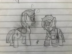 Size: 4032x3024 | Tagged: safe, artist:wowisthatleo, twilight sparkle, oc, oc:anon, oc:filly anon, alicorn, pony, g4, clothes, female, filly, lined paper, traditional art, twilight sparkle (alicorn), uniform