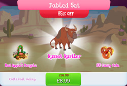 Size: 1267x857 | Tagged: safe, gameloft, jersey shore, bull, g4, my little pony: magic princess, apple, bandana, bundle, bush, cloven hooves, costs real money, english, fabled set, food, horns, male, mobile game, numbers, sale, solo, text