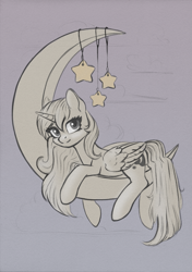 Size: 843x1200 | Tagged: safe, artist:maytee, princess luna, alicorn, pony, g4, cloud, commission, crescent moon, female, gray background, limited palette, looking at you, lying down, mare, moon, prone, simple background, solo, stars, tangible heavenly object, ych sketch, your character here
