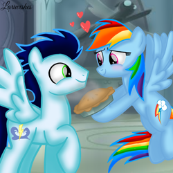 Size: 1400x1400 | Tagged: safe, artist:mlplary6, rainbow dash, soarin', pegasus, pony, g4, blushing, boyfriend and girlfriend, duo, female, floating heart, flying, food, heart, looking at each other, looking at someone, love, male, mare, pie, ship:soarindash, shipping, smiling, smiling at each other, stallion, straight