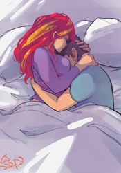 Size: 1400x2000 | Tagged: safe, artist:sozglitch, sunset shimmer, oc, oc:generic messy hair anime anon, human, g4, bed, big breasts, breasts, busty sunset shimmer, canon x oc, clothes, cuddling, face in breasts, female, huge breasts, humanized, in bed, male, overhead view, pajamas, pillow, sheet, shipping, signature, sleeping, straight