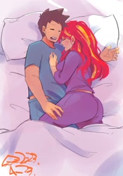 Size: 1400x2000 | Tagged: safe, artist:sozglitch, sunset shimmer, oc, oc:generic messy hair anime anon, human, g4, ass, bed, big breasts, breasts, bunset shimmer, busty sunset shimmer, butt, canon x oc, clothes, cuddling, female, huge breasts, humanized, in bed, lying down, male, overhead view, pajamas, pillow, sheet, shipping, signature, sleeping, straight