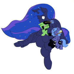 Size: 3508x3508 | Tagged: safe, artist:ponny, princess luna, oc, oc:filly anon, alicorn, earth pony, pony, g4, blushing, brush, brushie, brushing, chest fluff, female, filly, foal, high res, hoof heart, leg fluff, looking at each other, looking at someone, magic, mare, mouth hold, nose wrinkle, raised hoof, scrunchy face, simple background, telekinesis, trio, trio female, underhoof, white background, woona, younger