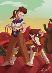 Size: 2480x3508 | Tagged: safe, artist:reminic, arizona (tfh), cow, human, them's fightin' herds, bandana, belt, belt buckle, boots, clothes, community related, cowboy boots, cowgirl, cowprint, denim, duality, female, grin, high res, horns, humanized, jeans, looking at each other, looking at someone, mouth hold, pants, ponytail, rope, scarf, self paradox, shoes, smiling, smirk