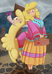 Size: 2480x3508 | Tagged: safe, artist:reminic, paprika (tfh), alpaca, human, them's fightin' herds, blonde hair, blushing, clothes, cloven hooves, community related, duality, flower, high res, humanized, looking at each other, looking at someone, one eye closed, self paradox, smiling, smiling at each other, wink