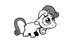 Size: 1276x718 | Tagged: safe, artist:kyssimmee, sweetie belle, pony, unicorn, g4, black and white, blank flank, female, filly, floppy ears, foal, frown, grayscale, monochrome, sad, simple background, solo, white background