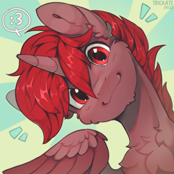 Size: 1746x1746 | Tagged: safe, artist:trickate, oc, oc only, oc:hardy, alicorn, pony, :3, alicorn oc, brown coat, bust, cheek fluff, chest fluff, chin fluff, ear cleavage, emanata, head tilt, horn, looking at you, male, red eyes, red mane, smiling, smiling at you, solo, stallion, wings