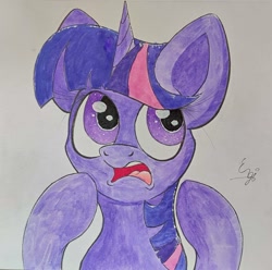 Size: 1542x1527 | Tagged: safe, artist:engi, twilight sparkle, pony, unicorn, g4, female, open mouth, simple background, solo, traditional art, watercolor painting