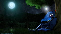 Size: 3840x2160 | Tagged: safe, artist:dawnyr, artist:dawnyrs, princess luna, alicorn, anthro, g4, 3d, :p, blushing, cute, forest, high res, lunabetes, moon, moonlight, nexgen, night, solo, source filmmaker, stars, stupid sexy princess luna, tongue out, tree