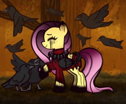 Size: 2048x1687 | Tagged: safe, artist:minadoodles, fluttershy, bird, crow, pegasus, pony, g4, crossover, dead by daylight, solo, the artist