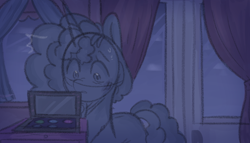 Size: 1230x706 | Tagged: safe, anonymous artist, misty brightdawn, pony, unicorn, series:misty pov, g5, bruised, cornrows, curtains, doors, female, injured, jewelry, looking at something, makeup, mane melody (location), mare, necklace, sweat, sweatdrops, window