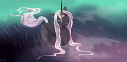 Size: 1280x630 | Tagged: safe, artist:kidaoriginal, princess luna, alicorn, firefly (insect), insect, pony, g4, alternate design, behaving like a bird, behaving like a duck, cute, female, freckles, lidded eyes, looking at something, looking up, lunabetes, mare, solo, water, wet, wet mane