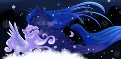 Size: 1280x627 | Tagged: safe, artist:kidaoriginal, princess luna, oc, oc:snowdrop, alicorn, pegasus, pony, g4, crying, duo, duo female, ethereal mane, eyes closed, eyeshadow, female, lidded eyes, looking at each other, looking at someone, makeup, mare, simple background, smiling, snow, snowflake, spread wings, starry mane, wings