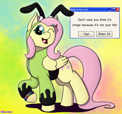 Size: 1914x1800 | Tagged: safe, artist:passionpanther, fluttershy, pegasus, pony, antonymph, cutiemarks (and the things that bind us), g4, fluttgirshy, gay pride flag, gir, invader zim, kandi, one eye closed, open mouth, open smile, pride, pride flag, scene kid, smiling, solo, trans fluttershy, transgender, transgender pride flag, vylet pony, webcore
