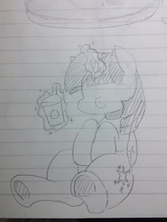 Size: 1080x1440 | Tagged: safe, artist:maren, twilight sparkle, alicorn, pony, g4, 2015, coffee cup, cup, doodle, female, glowing, glowing horn, hooves to the chest, horn, levitation, lined paper, magic, mare, no eyes, old art, pencil drawing, sitting, smiling, solo, telekinesis, traditional art, twilight sparkle (alicorn)