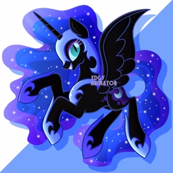 Size: 3000x3000 | Tagged: safe, artist:edgyanimator, derpibooru exclusive, part of a set, nightmare moon, alicorn, pony, g4, armor, beautiful, big horn, black coat, black fur, black wings, blue background, blue eyes, blue hair, blue mane, blue tail, cel shading, clothes, colored, colored eyelashes, colored lineart, concave belly, cyan eyes, digital art, drop shadow, ethereal hair, ethereal mane, ethereal tail, evil, eyelashes, eyeshadow, female, firealpaca, full body, galaxy hair, galaxy mane, galaxy tail, grin, hair, helmet, high res, highlights, hoof shoes, horn, jewelry, large wings, long horn, long legs, long mane, long tail, looking sideways, looking to the right, makeup, mare, necklace, nightmare moon armor, peytral, princess, princess shoes, profile, quadrupedal, raised hoof, raised hooves, regalia, royalty, shading, shadow, shiny, shoes, signature, simple background, simple shading, slit pupils, smiling, smirk, solo, sparkles, spread wings, starry hair, starry mane, starry tail, stars, tail, teeth, wall of tags, wings