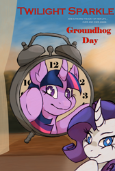 Size: 1700x2530 | Tagged: safe, artist:zoobob_, rarity, twilight sparkle, alicorn, earth pony, pony, unicorn, g4, alarm clock, clock, cutie mark eyes, female, groundhog day, high res, mare, movie poster, poster parody, text, title, twilight sparkle (alicorn), wingding eyes