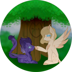 Size: 3000x3000 | Tagged: safe, artist:thecommandermiky, oc, oc only, oc:artura, oc:miky command, dragon, hybrid, pegasus, pony, blushing, boop, claws, duo, duo female, female, happy, high res, hybrid oc, long tail, looking at each other, looking at someone, paws, pegasus oc, scales, simple background, spots, tail, transparent background, tree, wings