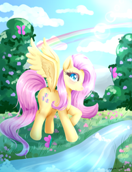 Size: 2975x3850 | Tagged: safe, artist:mylittleyuri, fluttershy, butterfly, pegasus, pony, g4, cloud, cute, female, flower, grass, high res, mare, rainbow, shyabetes, solo, tree, water