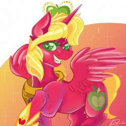 Size: 2000x2000 | Tagged: safe, artist:dankpegasista, derpibooru exclusive, big macintosh, alicorn, pony, do princesses dream of magic sheep, g4, alicornified, apple, bangs, big eyes, clothes, collar, colored eyelashes, crown, digital art, ear fluff, eyelashes, eyes closed, female, flowing mane, food, gem, gradient background, green eyes, grin, half body, happy, heart, heart eyes, high res, highlights, jewelry, krita, large wings, looking at you, macareina, mare, messy mane, orange background, png, princess, princess big mac, race swap, raised hoof, red coat, regalia, rule 63, shading, shiny mane, shoes, short hair, short tail, signature, simple background, smiling, solo, sparkles, spread wings, standing on two hooves, tail, three quarter view, transparent background, unshorn fetlocks, wingding eyes, wings