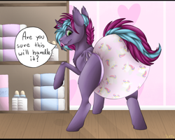 Size: 2500x2000 | Tagged: safe, artist:galaxylatte, oc, oc:cloud twist, alicorn, bat pony, bat pony alicorn, pony, adult, bat wings, blushing, clothes, dialogue, dialogue box, diaper, diaper fetish, diapered, embarrassed, embarrassed underwear exposure, fetish, folded wings, high res, hooves, horn, impossibly large diaper, looking back, non-baby in diaper, pattern, pink, pink diaper, poofy diaper, raised hoof, shading, solo, spread legs, spreading, surprised, tail, underwear, wings