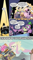 Size: 500x911 | Tagged: safe, artist:andy price, edit, edited screencap, idw, screencap, applejack, fluttershy, spike, twilight sparkle, dragon, pony, unicorn, g4, the cutie map, comic drama, female, fridge logic, gigachad, gigachad spike, idw drama, male, mare, meme, older, older spike, op can't let go, op is a duck, stallion, text, the good the bad and the ponies, uh oh, unicorn twilight, unnamed character, unnamed pony, winged spike, wings