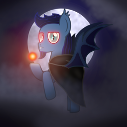 Size: 1440x1440 | Tagged: safe, artist:starless, derpibooru exclusive, oc, oc:starless, bat pony, pony, bat ponified, bat wings, cloak, clothes, fangs, flying, male, moon, race swap, slit pupils, solo, stallion, wings