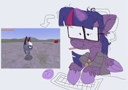 Size: 680x476 | Tagged: safe, artist:woofsth, twilight sparkle, alicorn, pony, g4, animal crossing, clothes, computer mouse, glasses, keyboard, raymond (animal crossing), shirt, solo, t-shirt, triforce, twilight sparkle (alicorn)