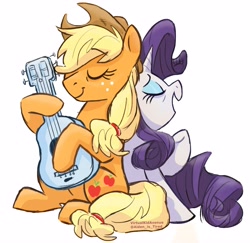 Size: 3893x3780 | Tagged: safe, artist:virtualkidavenue, applejack, rarity, earth pony, pony, unicorn, g4, cowboy hat, duo, eyes closed, female, guitar, hat, high res, hoof hold, lesbian, mare, musical instrument, playing guitar, ship:rarijack, shipping, simple background, singing, white background