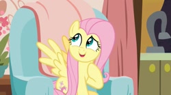 Size: 2160x1200 | Tagged: safe, screencap, fluttershy, pegasus, pony, discordant harmony, g4, chair, curtains, happy, kitchen, kitchen sink, living room, plant, sink, sitting, solo, spread wings, thinking, thoughtful, wings