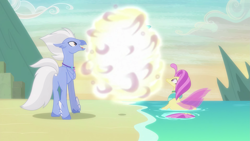 Size: 2871x1615 | Tagged: safe, screencap, ocean flow, sky beak, terramar, classical hippogriff, hippogriff, seapony (g4), g4, surf and/or turf, beach, ocean, transformation, water