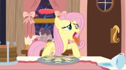 Size: 2159x1209 | Tagged: safe, screencap, fluttershy, pegasus, pony, discordant harmony, g4, cup, curtains, cute, derp, door, female, folded wings, food, goofy, mare, open mouth, plate spinning, sandwich, shyabetes, silly, silly face, silly pony, solo, table, teacup, tongue out, window, windowsill, wings