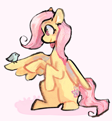 Size: 1383x1500 | Tagged: safe, artist:sealdeer, fluttershy, bird, pegasus, pony, g4, haunches, one wing out, simple background, wings