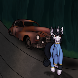 Size: 2048x2048 | Tagged: safe, artist:v-nuz, oc, oc only, oc:rose charm, pony, unicorn, fallout equestria, car, clothes, fallout equestria: falling ashes, high res, highway, jumpsuit, vault suit, vehicle