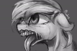 Size: 2500x1668 | Tagged: safe, artist:minckies, oc, oc only, earth pony, pony, abomination, bust, creepy, earth pony oc, grayscale, monochrome, signature, solo, tongue out