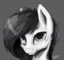 Size: 2526x2374 | Tagged: safe, artist:minckies, oc, oc only, earth pony, pony, bust, earth pony oc, female, grayscale, high res, mare, monochrome, signature, smiling, solo