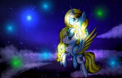 Size: 5000x3194 | Tagged: safe, artist:angellightyt, oc, oc only, oc:angel light, alicorn, pegasus, pony, alicorn oc, colored wings, duo, horn, night, pegasus oc, ponies riding ponies, riding, stars, two toned wings, wings